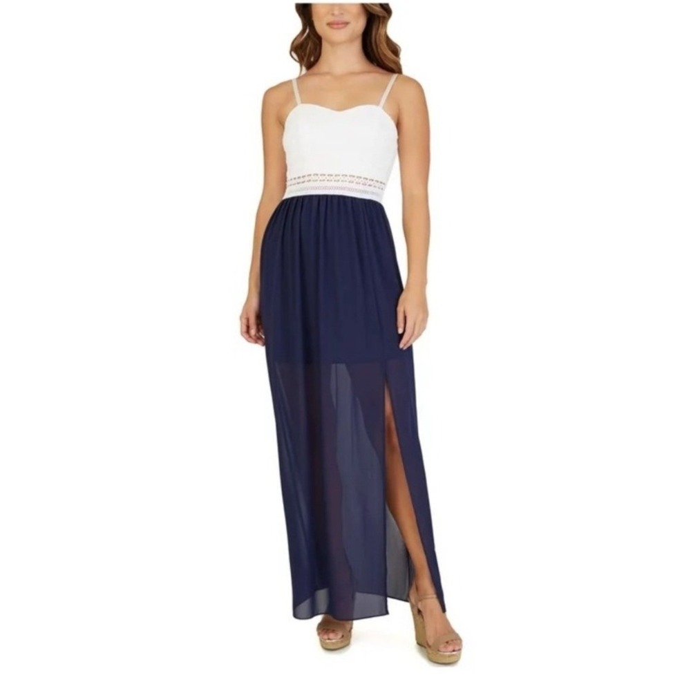 BCX Maxi Dress Womens 13 Blue White Lace‎ Crochet Chiffon Formal Boho Slit